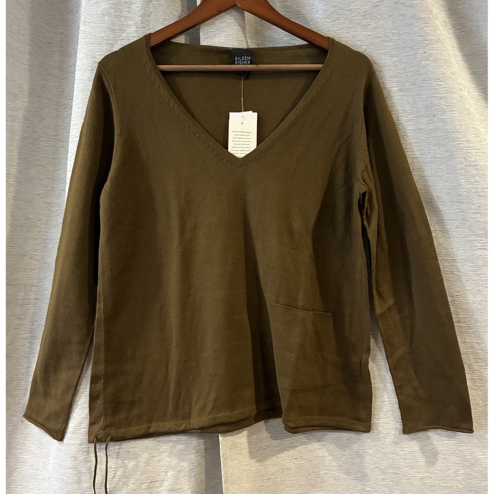 Eileen Fisher Brown Organic Cotton Knit V Neck Front Pocket Top Size M NEW